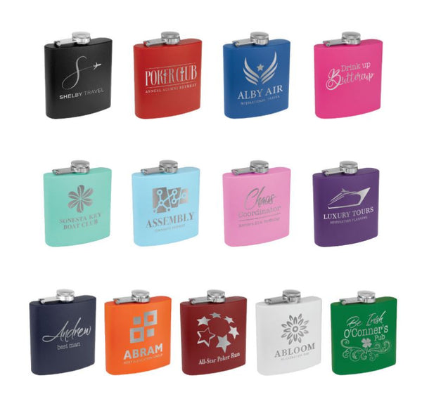 6 OZ. POWDER COATED LASERABLE STAINLESS STEEL FLASK